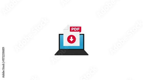 Download PDF icon file with label on laptop screen. Downloading document concept. Motion graphics.