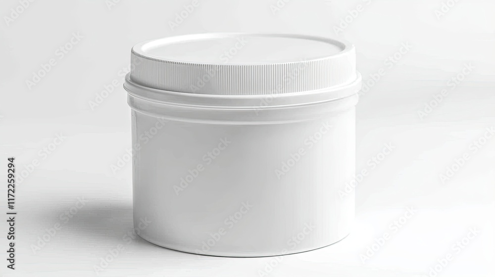 A plain white container with a lid, suitable for storage or packaging of various products. A plain white container with a lid, suitable for storage or packaging of various products.
