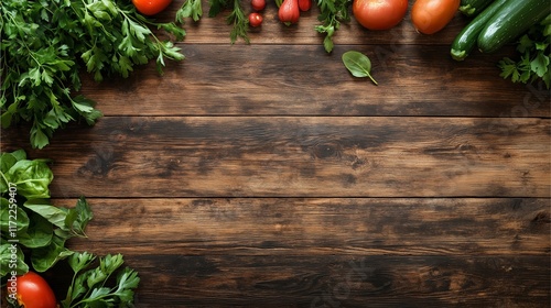 Fresh vegetables and herbs including tomatoes, zucchini, parsley, and spinach arranged on a rustic wooden table background.
