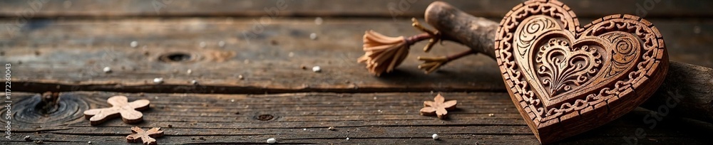 Wooden heart with intricate carvings on a rustic wooden background, grain, timber Wooden heart with intricate carvings on a rustic wooden background, grain, timber