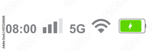 Status bar icon isolated on white background. Phone bar status Icons, battery drain in green, Mobile indicator of time, Wi-Fi signal. Vector Illustration
