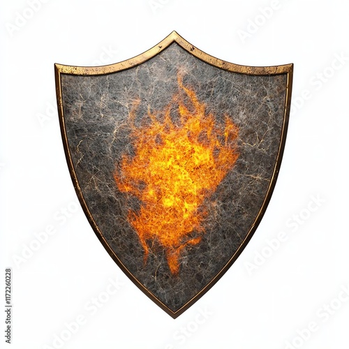 A metallic shield featuring a fiery emblem, symbolizing strength and protection in a fantasy or gaming context. photo