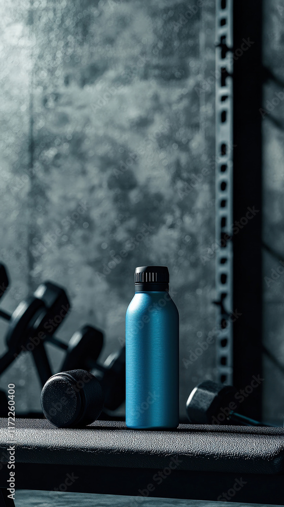 A gym water bottle mockup featuring a sporty logo sits on a gym bench, with weights blurred in the background, highlighting a fitness-focused environment. A gym water bottle mockup featuring a sporty logo sits on a gym bench, with weights blurred in the background, highlighting a fitness-focused environment.