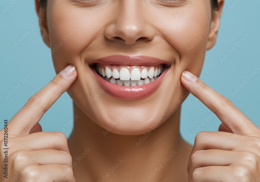 Close-up smile, perfect white teeth, fingers touching cheeks, flawless skin, soft lighting Close-up smile, perfect white teeth, fingers touching cheeks, flawless skin, soft lighting