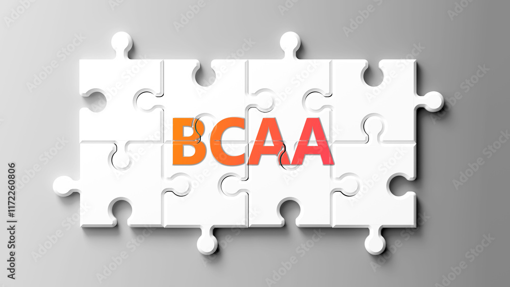 Bcaa complex like a puzzle - pictured as word bcaa on a puzzle pieces to show that bcaa is complex and needs cooperating pieces that fit together. ,3d illustration Bcaa complex like a puzzle - pictured as word bcaa on a puzzle pieces to show that bcaa is complex and needs cooperating pieces that fit together. ,3d illustration