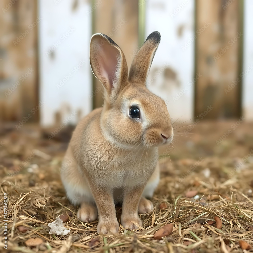 Fototapeta premium Cute Brown Rabbit Sitting on Straw Ground