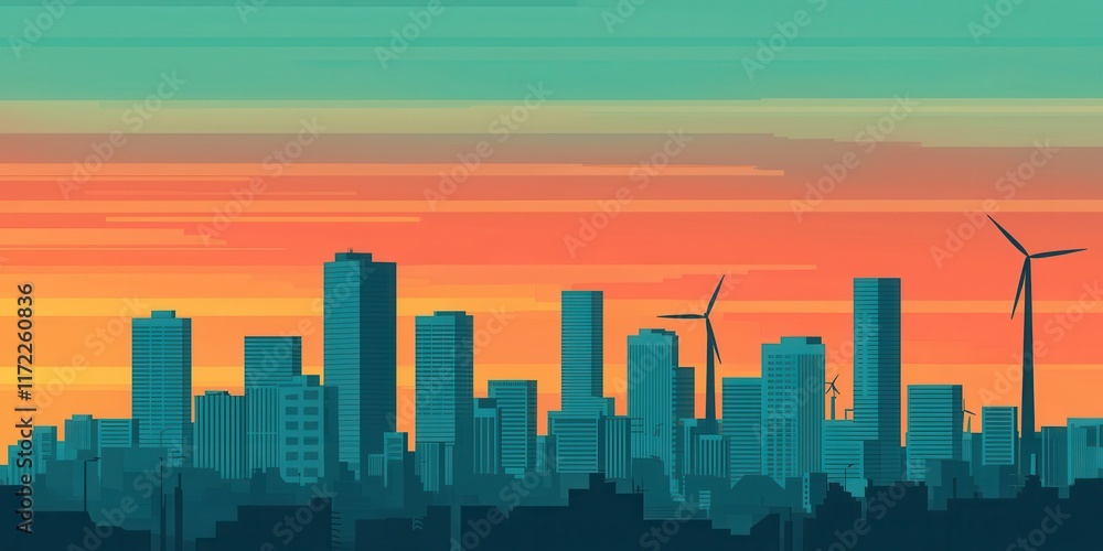 Fototapeta premium Sunset urban skyline with wind turbines cityscape digital art modern environment vibrant viewpoint