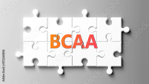 Bcaa complex like a puzzle - pictured as word bcaa on a puzzle pieces to show that bcaa is complex and needs cooperating pieces that fit together. ,3d illustration photo