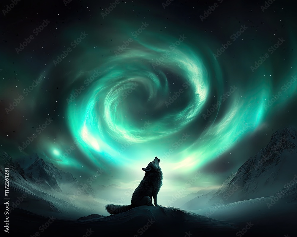 Fototapeta premium A wolf howls beneath a vibrant night sky.