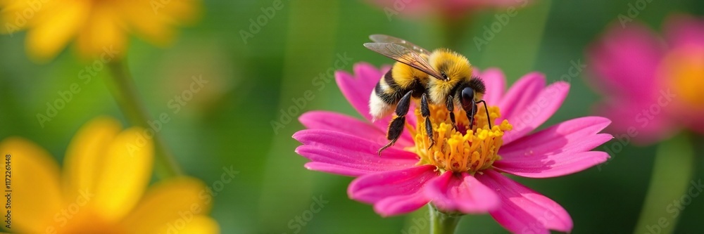 Yellow striped bumblebee sipping nectar from a colorful flower, nature, flowers, colors Yellow striped bumblebee sipping nectar from a colorful flower, nature, flowers, colors