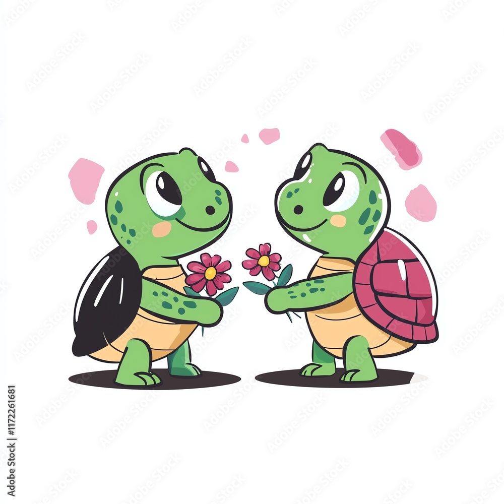 Obraz premium Two cute cartoon turtles exchanging flowers with a playful background.
