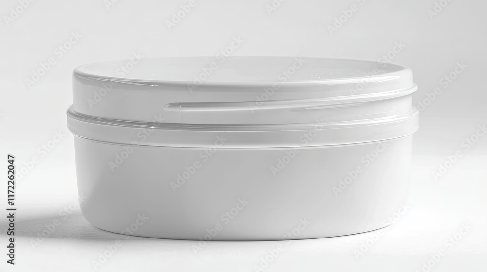 A simple white container with a lid, likely for storage or cosmetic purposes. A simple white container with a lid, likely for storage or cosmetic purposes.