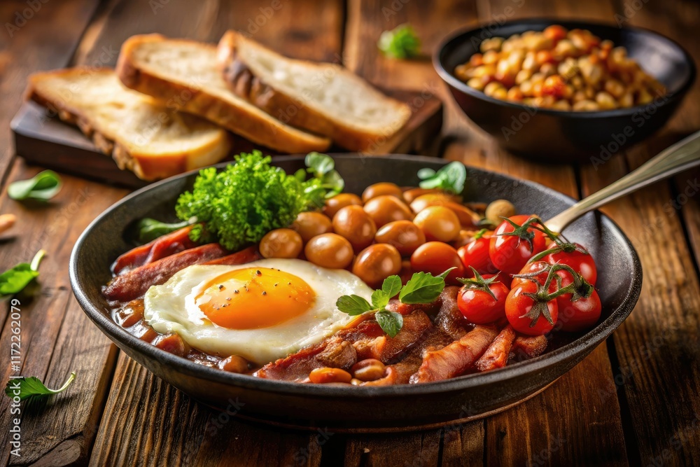 Warm, inviting low-light image: breakfast of champions – eggs, beans, bacon, and toast. Warm, inviting low-light image: breakfast of champions – eggs, beans, bacon, and toast.
