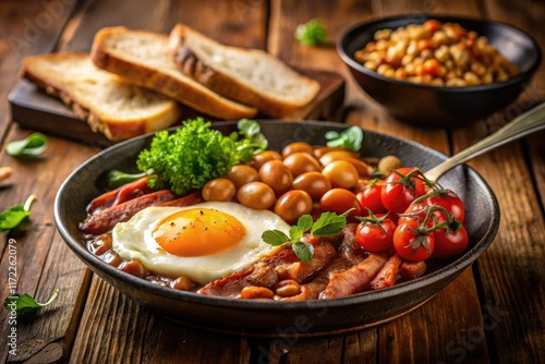 Warm, inviting low-light image: breakfast of champions â€“ eggs, beans, bacon, and toast. photo