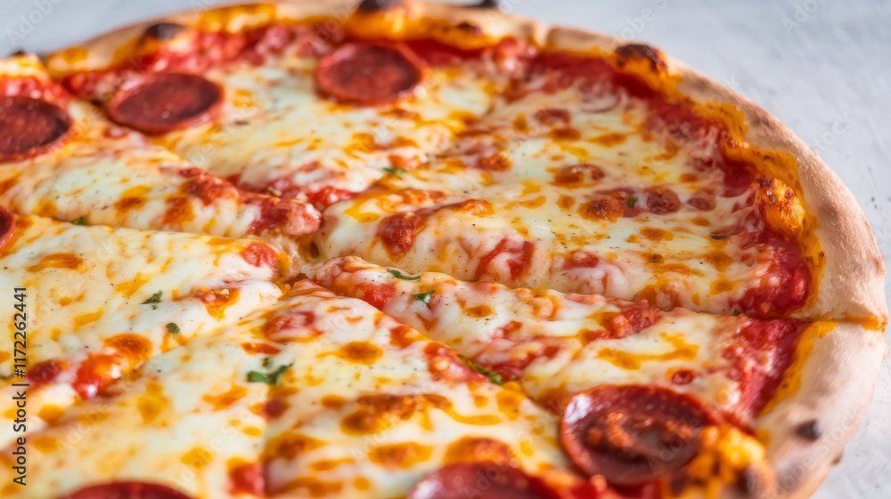 Melty cheese pizza captured up close on a plain white backdrop. Melty cheese pizza captured up close on a plain white backdrop.