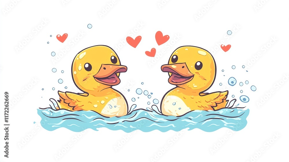 Two cheerful rubber ducks float in water surrounded by hearts, creating a playful and cute illustration. Two cheerful rubber ducks float in water surrounded by hearts, creating a playful and cute illustration.