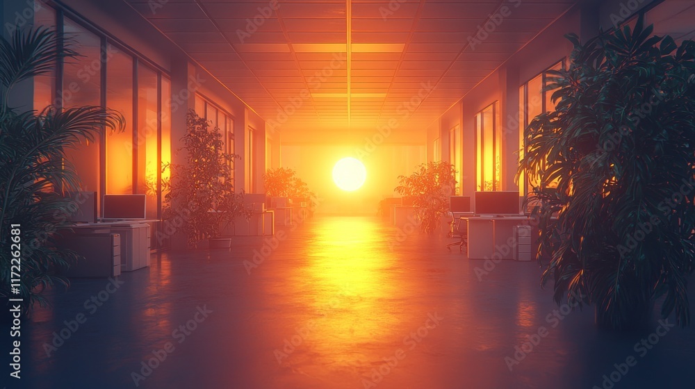 Sunset Office Corridor: A Serene End-of-Day Glow Sunset Office Corridor: A Serene End-of-Day Glow