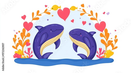 Two playful dolphins surrounded by colorful hearts and flowers in a whimsical underwater scene. photo