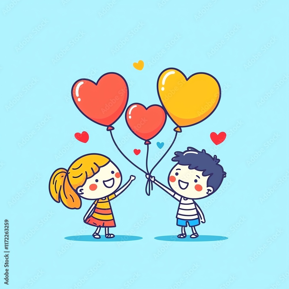 Happy children celebrating with colorful heart-shaped balloons in a joyful atmosphere. Happy children celebrating with colorful heart-shaped balloons in a joyful atmosphere.