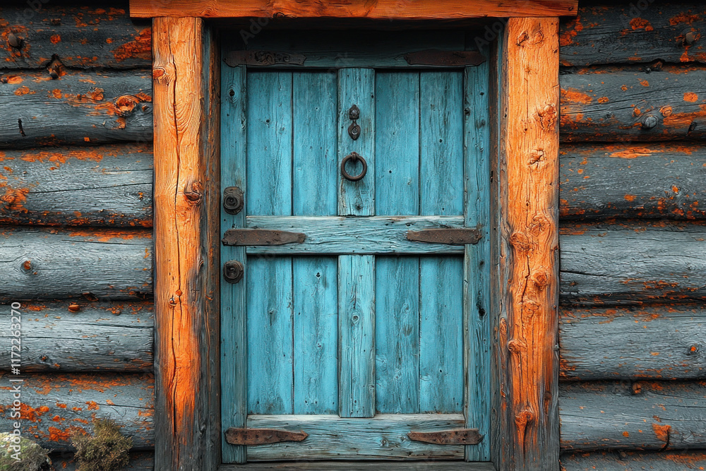 Blue wooden door on weathered log cabin in forest; rustic background Blue wooden door on weathered log cabin in forest; rustic background