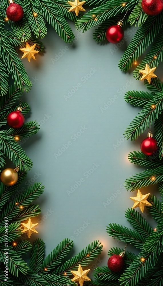 Twinkling coniferous branch arrangement forms a seamless festive border, ivy, festive decor, conifers Twinkling coniferous branch arrangement forms a seamless festive border, ivy, festive decor, conifers