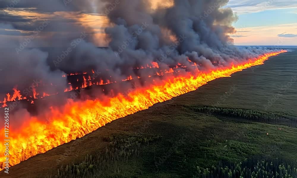The image depicts a large wildfire with flames and smoke spreading across a landscape, highlighting the destructive power of fire in natural environments.