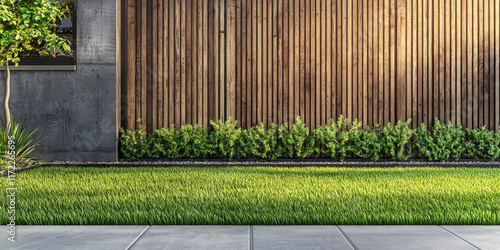 Wallpaper Mural Modern wooden fence with green grass in the backyard of a luxury home, generative AI Torontodigital.ca