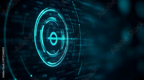 A futuristic digital design featuring a glowing circular interface with binary code elements, representing technology and data flow.