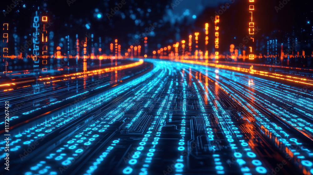 Digital data stream flowing on circuit board highway in cityscape Digital data stream flowing on circuit board highway in cityscape