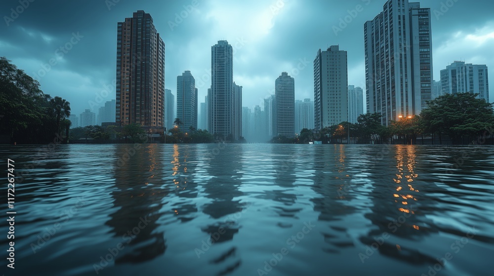 Fototapeta premium An editorial illustration depicting a city skyline partially submerged due to rising sea levels, highlighting the effects of climate change.