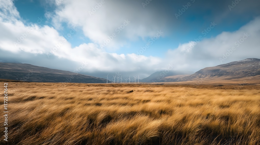 Golden field with wind turbines against a cloudy sky Golden field with wind turbines against a cloudy sky