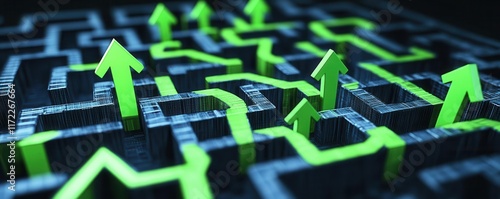Digital illustration of a hedge fund portfolio as a maze with green arrows showing pathways to growth, investment success