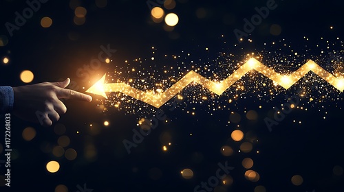 Hand guiding sparkling growth arrow, dark bokeh background, success concept. photo