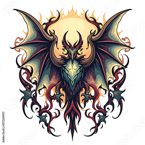 a dragon with flames and flames on its wings photo