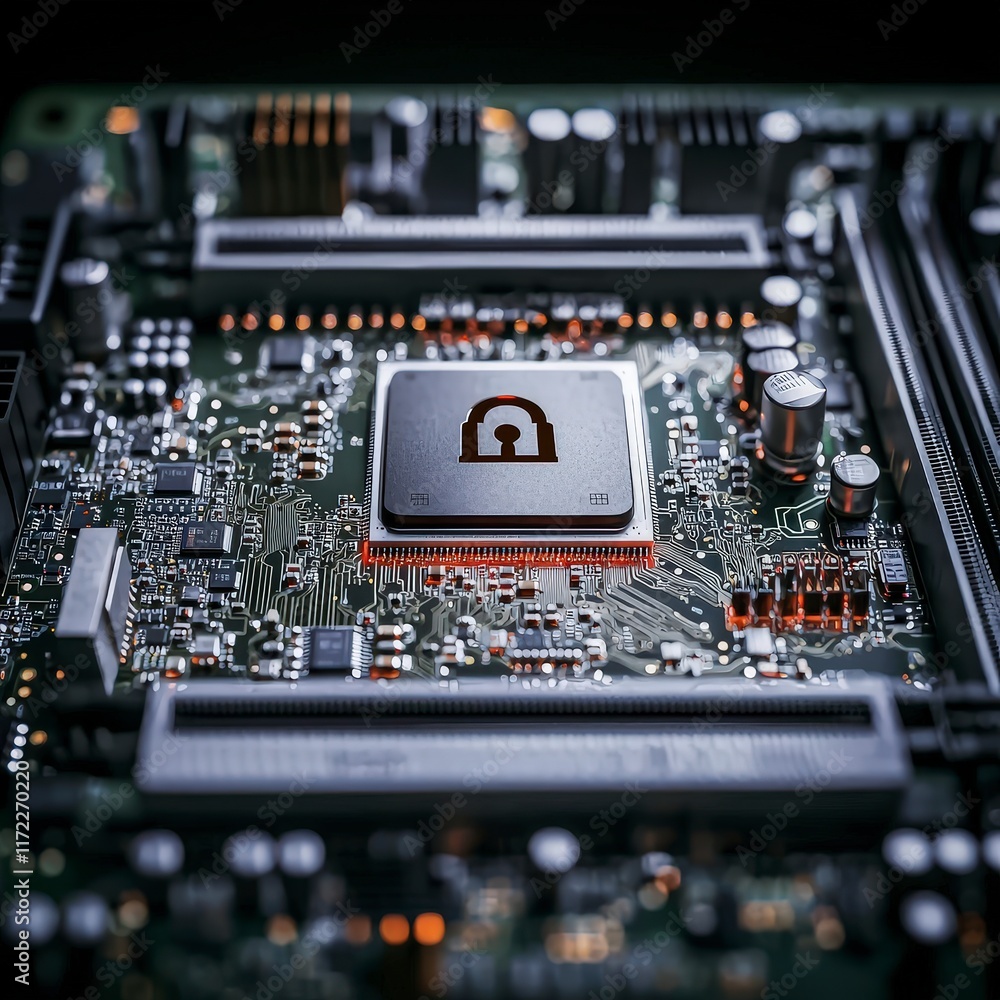 Secure Data Protection Microchip with Padlock Icon on Circuit Board Secure Data Protection Microchip with Padlock Icon on Circuit Board