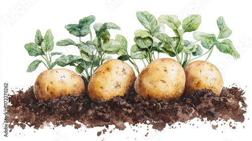Watercolor illustration of potatoes growing in soil with green leaves