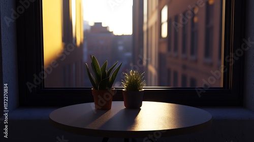 Two potted plants on a table by a window overlooking a city at sunset photo