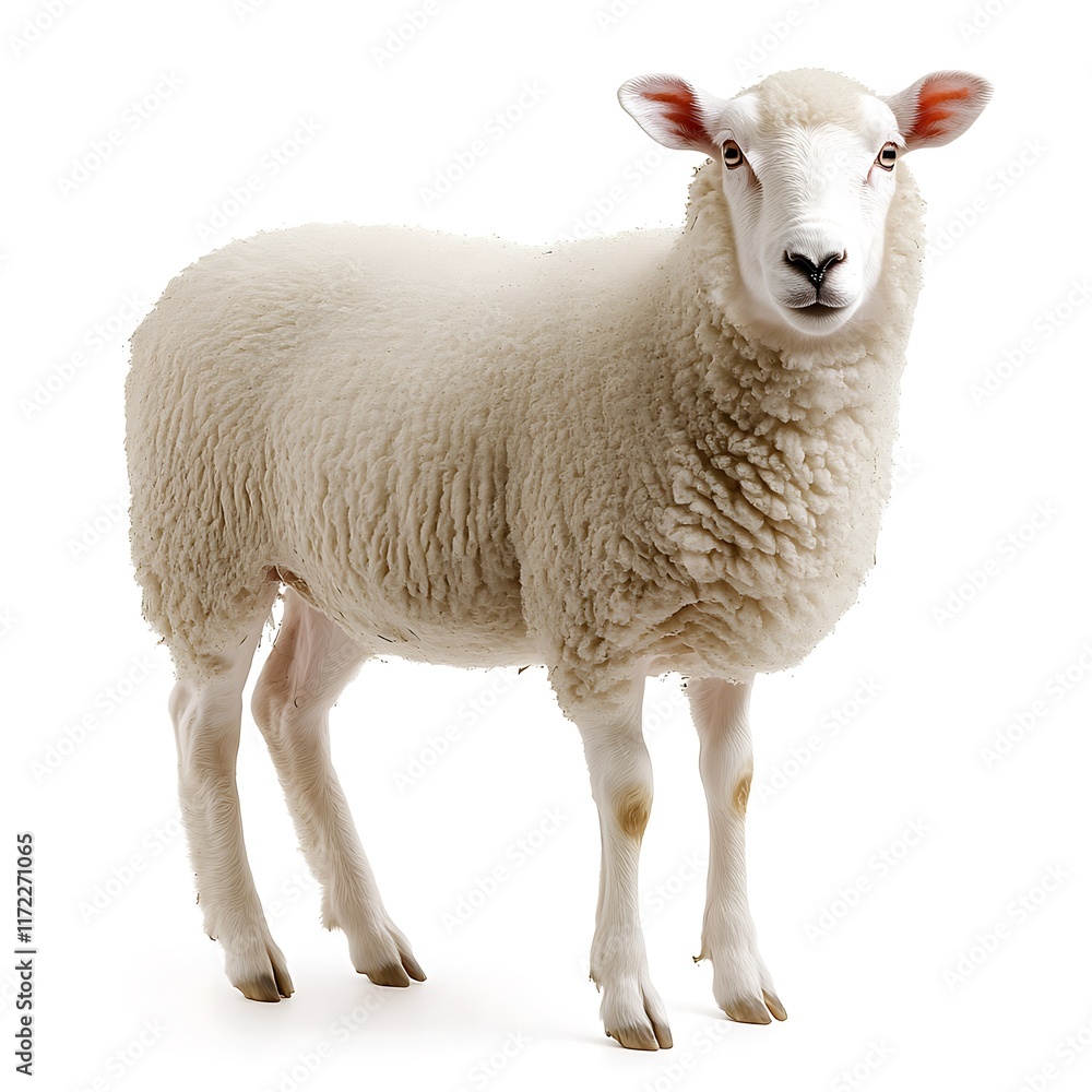 Fototapeta premium Sheep standing, white background, farm animal, agricultural image.