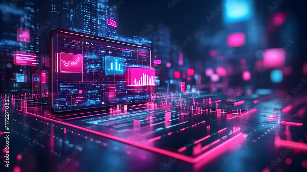 Fototapeta premium A futuristic digital interface showcasing data visualizations in vibrant colors, symbolizing advanced technology and analytics.