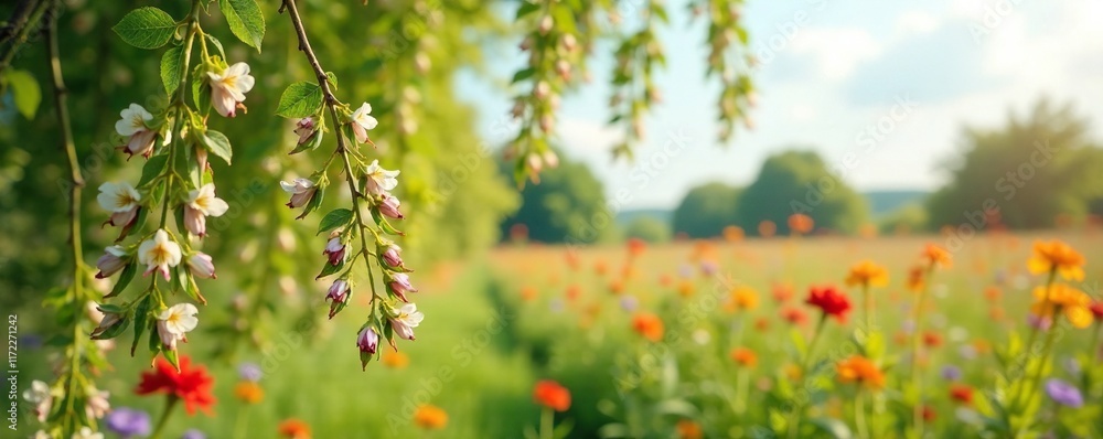 Blooming willow branch in a field of wildflowers, branch, nature Blooming willow branch in a field of wildflowers, branch, nature