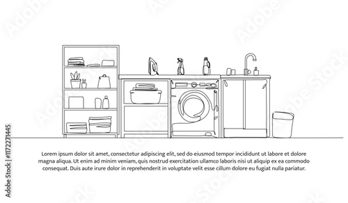 Continuous one line design of laundry room ideas. Minimalist style vector illustration on white background.
