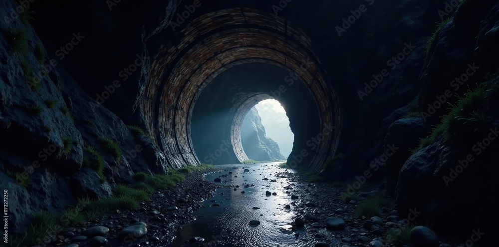 A beam of light illuminates a dark tunnel entrance, darkness, glow, passage A beam of light illuminates a dark tunnel entrance, darkness, glow, passage