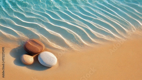 Smooth Pebbles on Tranquil Beach with Gentle Ocean Waves