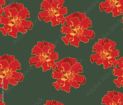 French marigold, scarlet red, Seamless pattern,  floral, garden, hand drawn, endless, all over print to use textile, fabric, clothing, backdrop, wallpaper, home textile, clothing, fashion, wedding