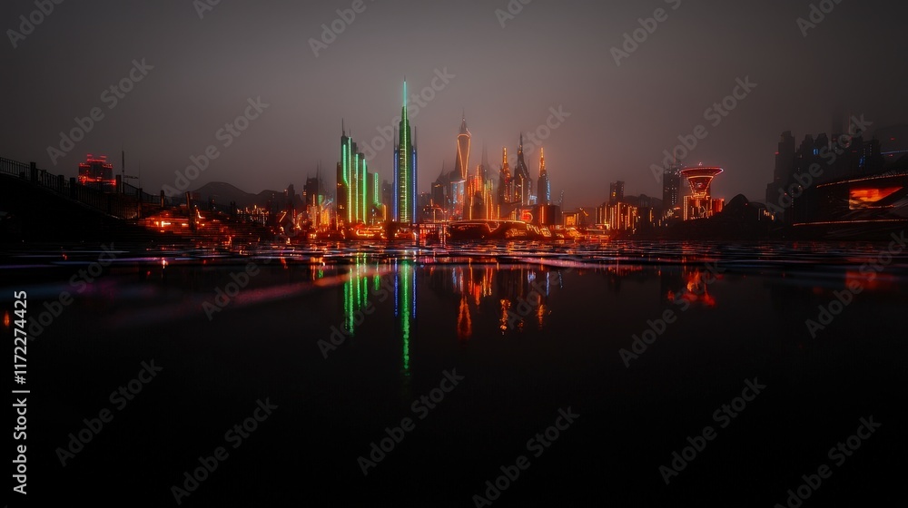 Fototapeta premium Night Cityscape Futuristic Skyline Reflected in Dark Water at Night