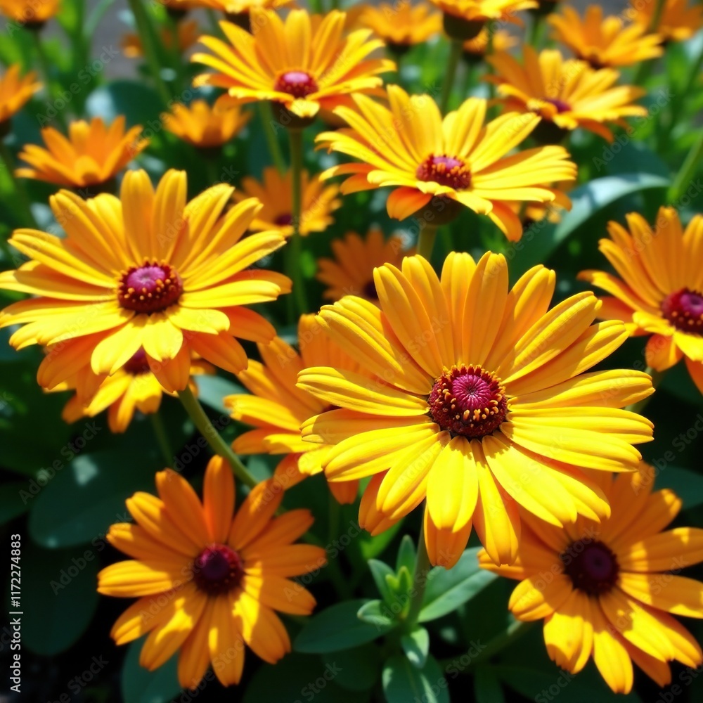 Fototapeta premium Bright orange daisy-like flowers blooming in a sunny garden, summerflower, brightorange, perennial