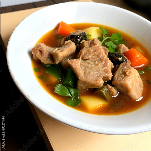 Iberian pork stew with tender meat, hearty vegetables, and a flavorful broth, traditional and comforting photo