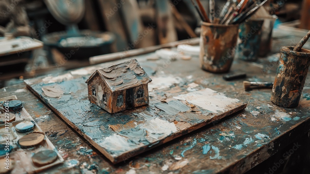 A creative workspace featuring a painted miniature house on a colorful palette, surrounded by brushes and a textured surface. A creative workspace featuring a painted miniature house on a colorful palette, surrounded by brushes and a textured surface.