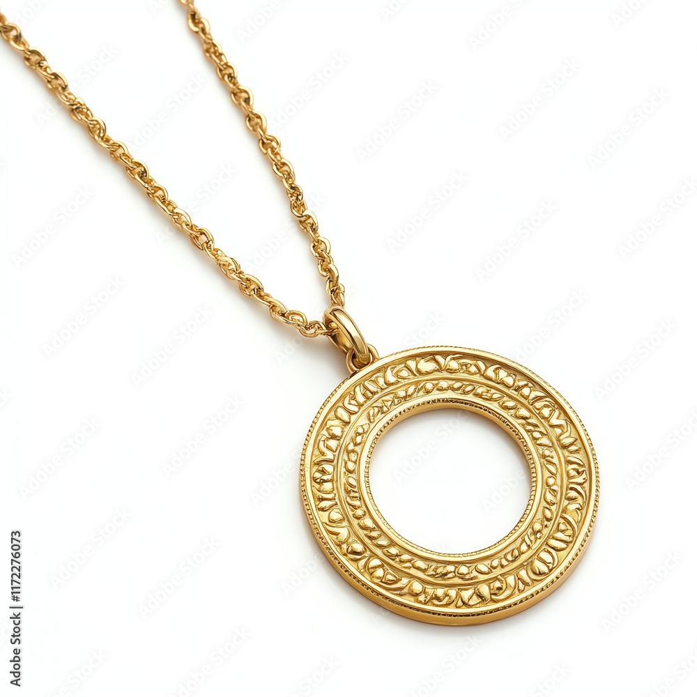 Gold pendant necklace with intricate design on a white isolate background. Gold pendant necklace with intricate design on a white isolate background.