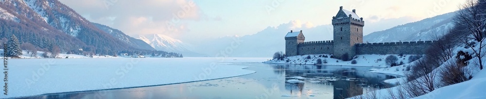 Fortress walls and towers with a frozen lake in the background, nature, winter Fortress walls and towers with a frozen lake in the background, nature, winter